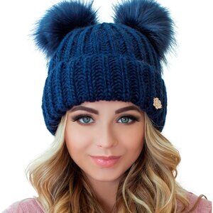 Women Blue 2 Pom Cable Knit Winter Warm Fleece Hat Wool Snow Cuff Ski Cap